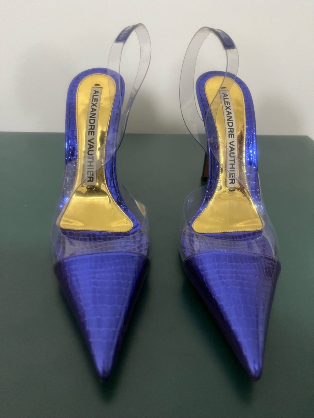 Alexandre Vauthier Metallic Blue/Purple Pointed-Toe Clear Slingback Heels